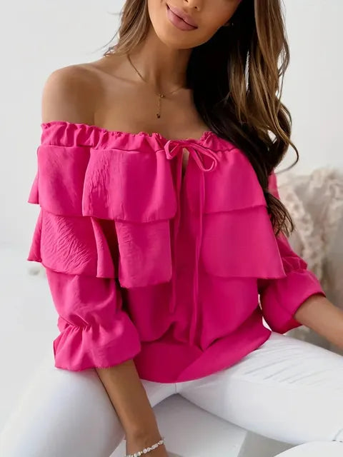 WW - Damen Bluse aus lockerem Chiffon mit Schulterfreiheit und Volantkante, elastischem Schultergurt