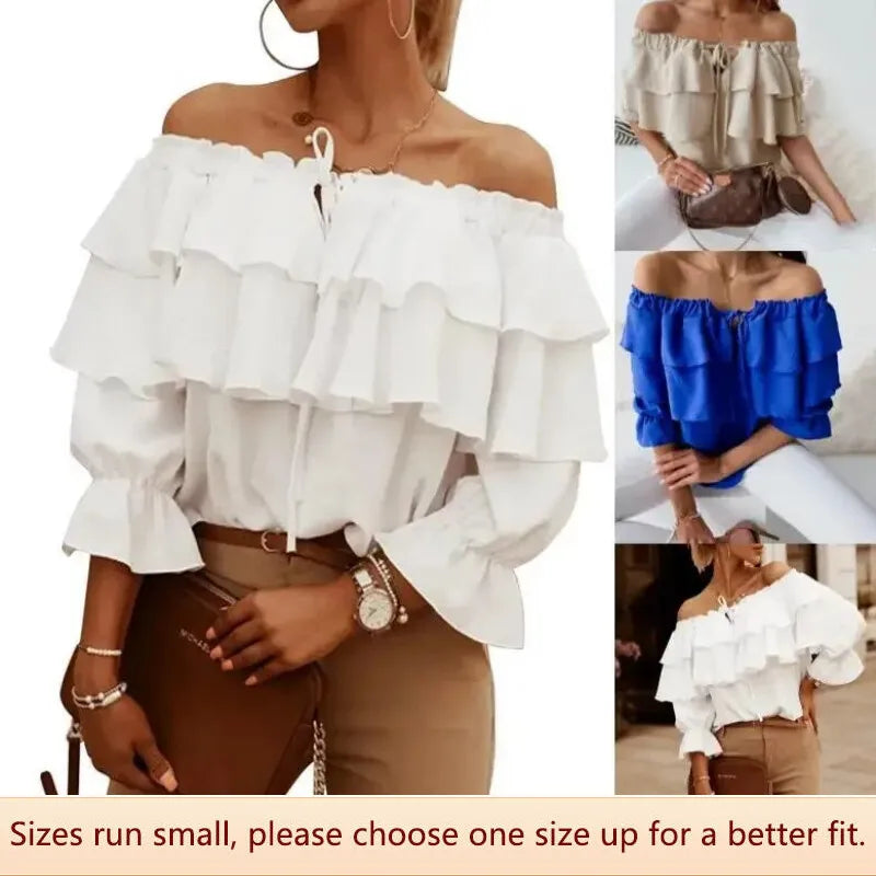 WW - Damen Bluse aus lockerem Chiffon mit Schulterfreiheit und Volantkante, elastischem Schultergurt