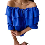 WW - Damen Bluse aus lockerem Chiffon mit Schulterfreiheit und Volantkante, elastischem Schultergurt