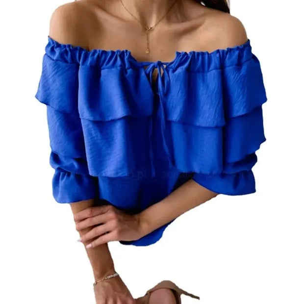 WW - Damen Bluse aus lockerem Chiffon mit Schulterfreiheit und Volantkante, elastischem Schultergurt