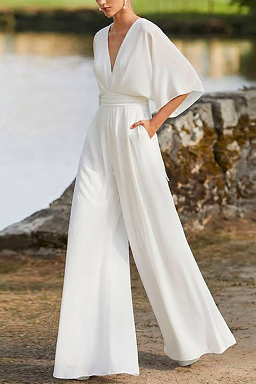 W&W Mode | Rosiedress Tiefes V-Ausschnitt Hohe Taille Weitbeiniger Overall