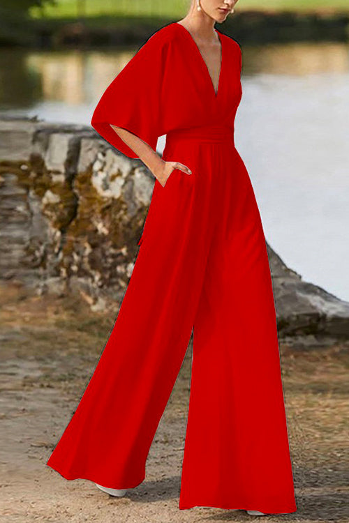 WW | Rosiedress Tiefes V-Ausschnitt Hohe Taille Weitbeiniger Overall