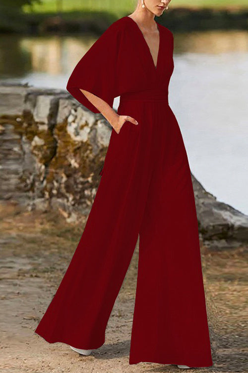 WW | Rosiedress Tiefes V-Ausschnitt Hohe Taille Weitbeiniger Overall