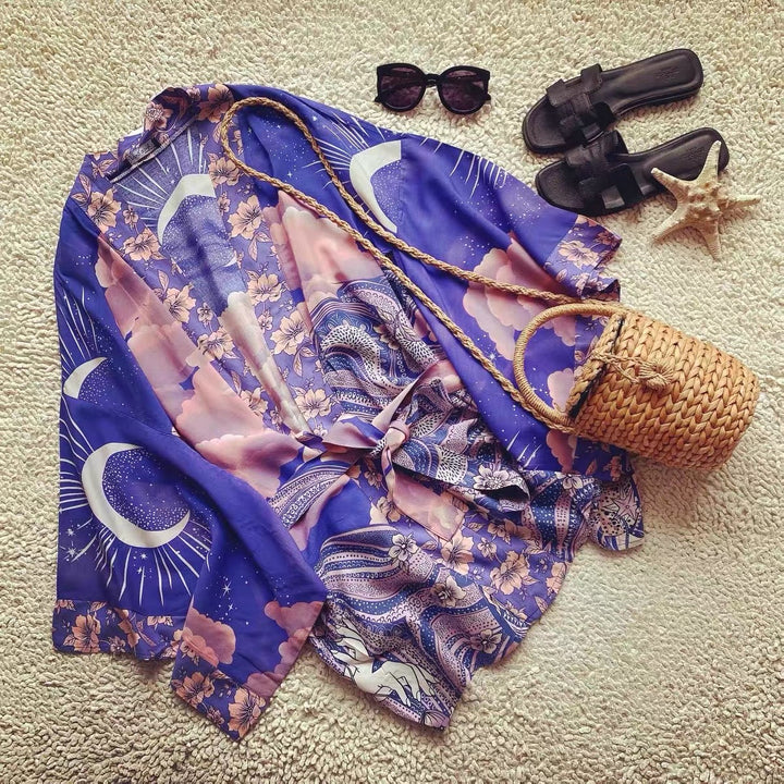 W&W Mode Strandkimono mit „Mystic Blue Moon Starrynight“-Aufdruck