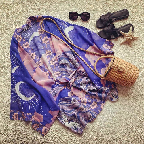 W&W Mode Strandkimono mit „Mystic Blue Moon Starrynight“-Aufdruck