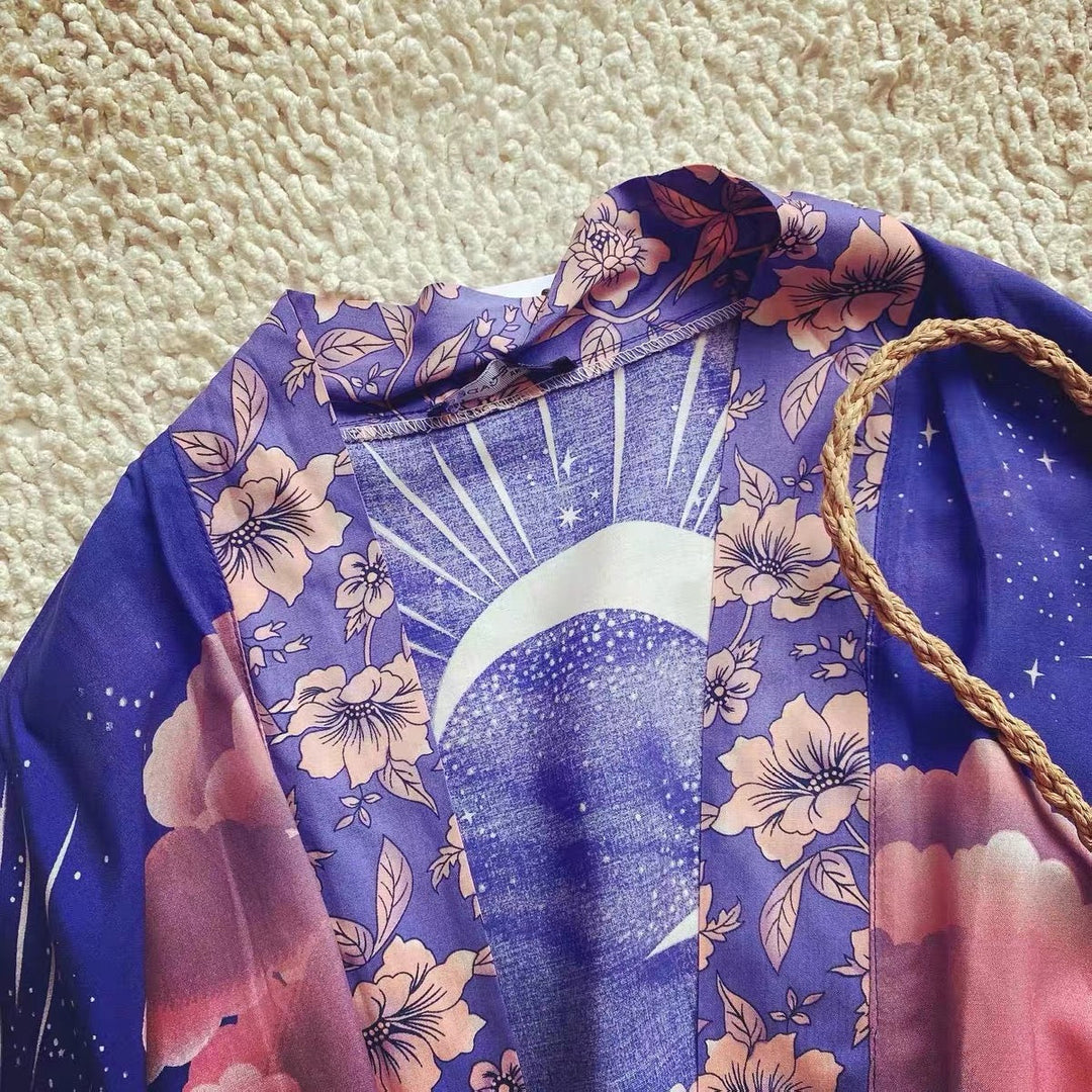 W&W Mode Strandkimono mit „Mystic Blue Moon Starrynight“-Aufdruck