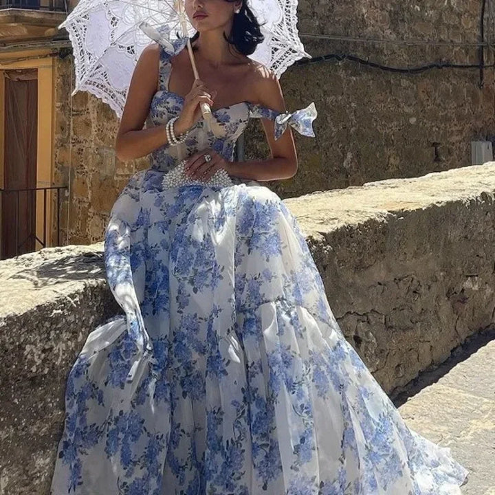 W&W Mode | Vintage Blaues Blumenprint-Schulterfreies Abendkleid