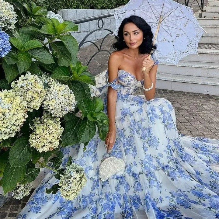 W&W Mode | Vintage Blaues Blumenprint-Schulterfreies Abendkleid