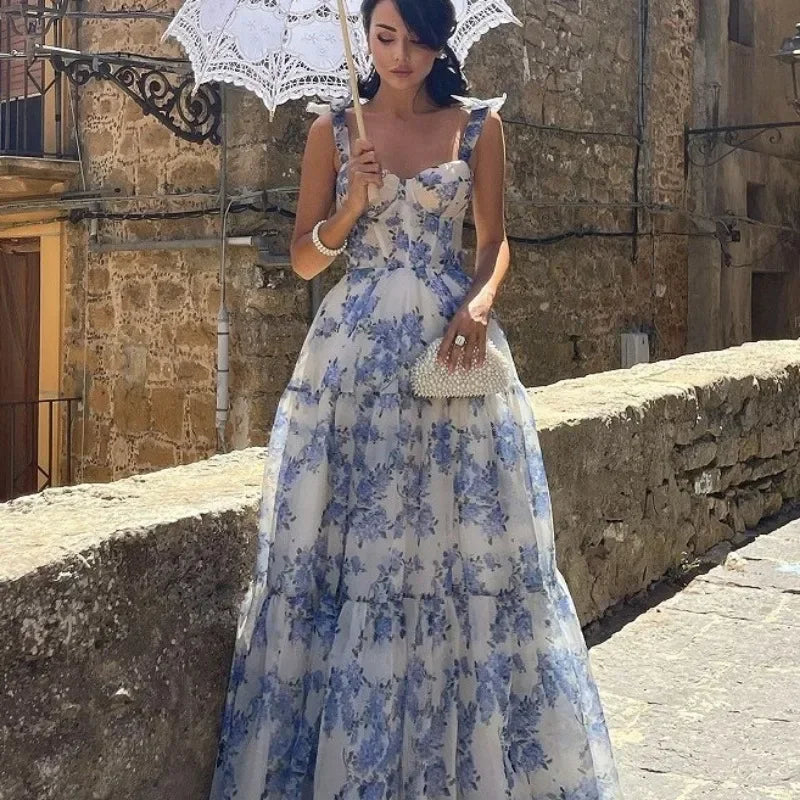 W&W Mode | Vintage Blaues Blumenprint-Schulterfreies Abendkleid