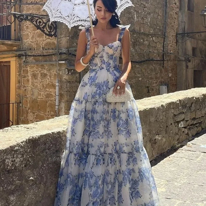 W&W Mode | Vintage Blaues Blumenprint-Schulterfreies Abendkleid
