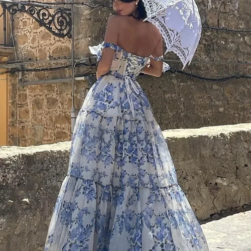 WW | Vintage Blaues Blumenprint-Schulterfreies Abendkleid