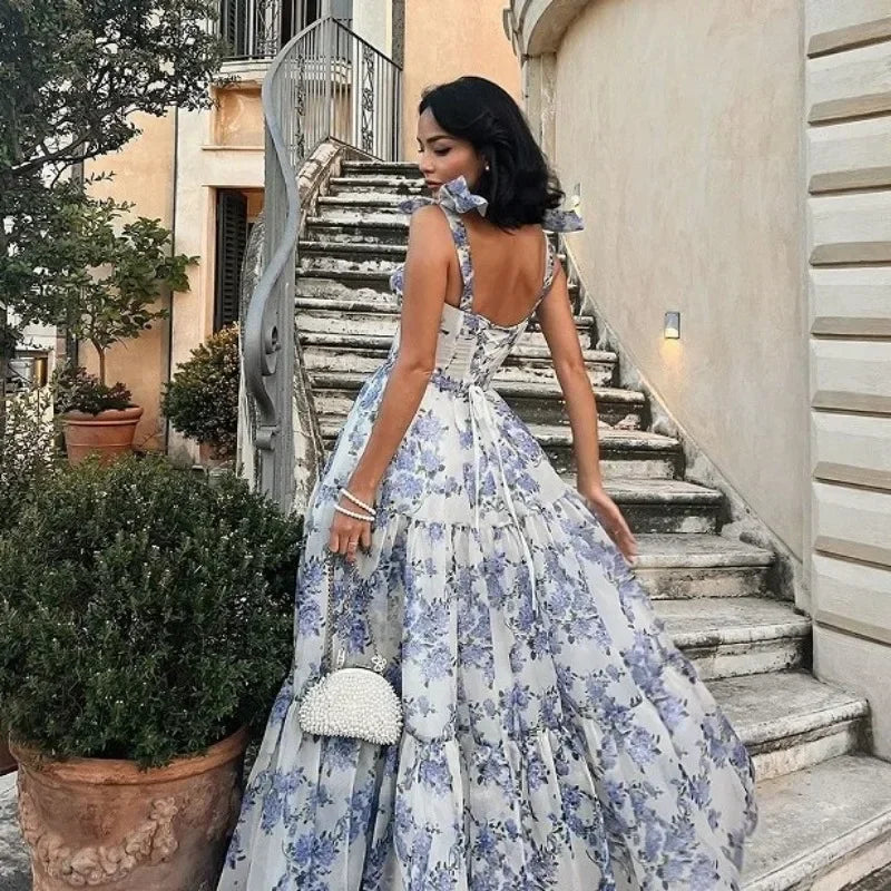 W&W Mode | Vintage Blaues Blumenprint-Schulterfreies Abendkleid