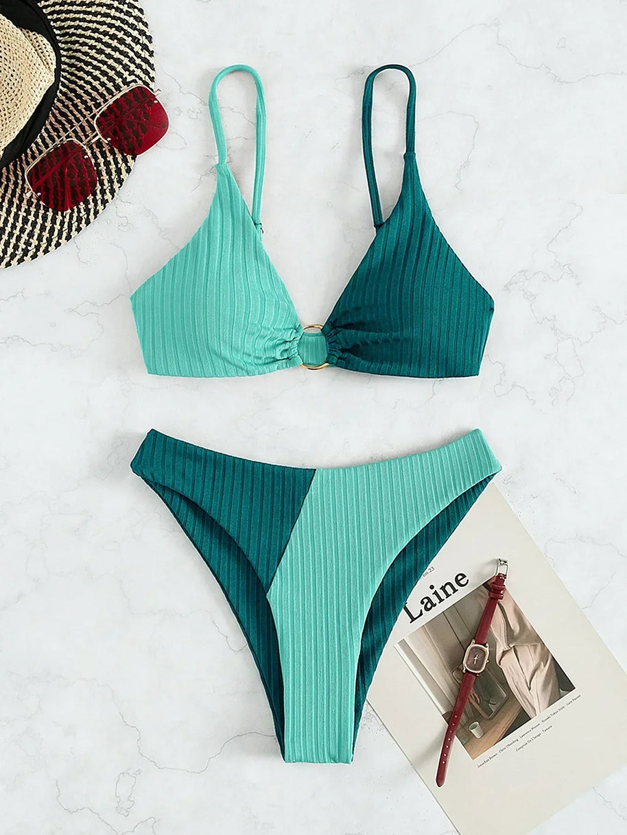 WW | Zwei-Farbiger Gerippter Bikini mit Hoher Taille für Damen