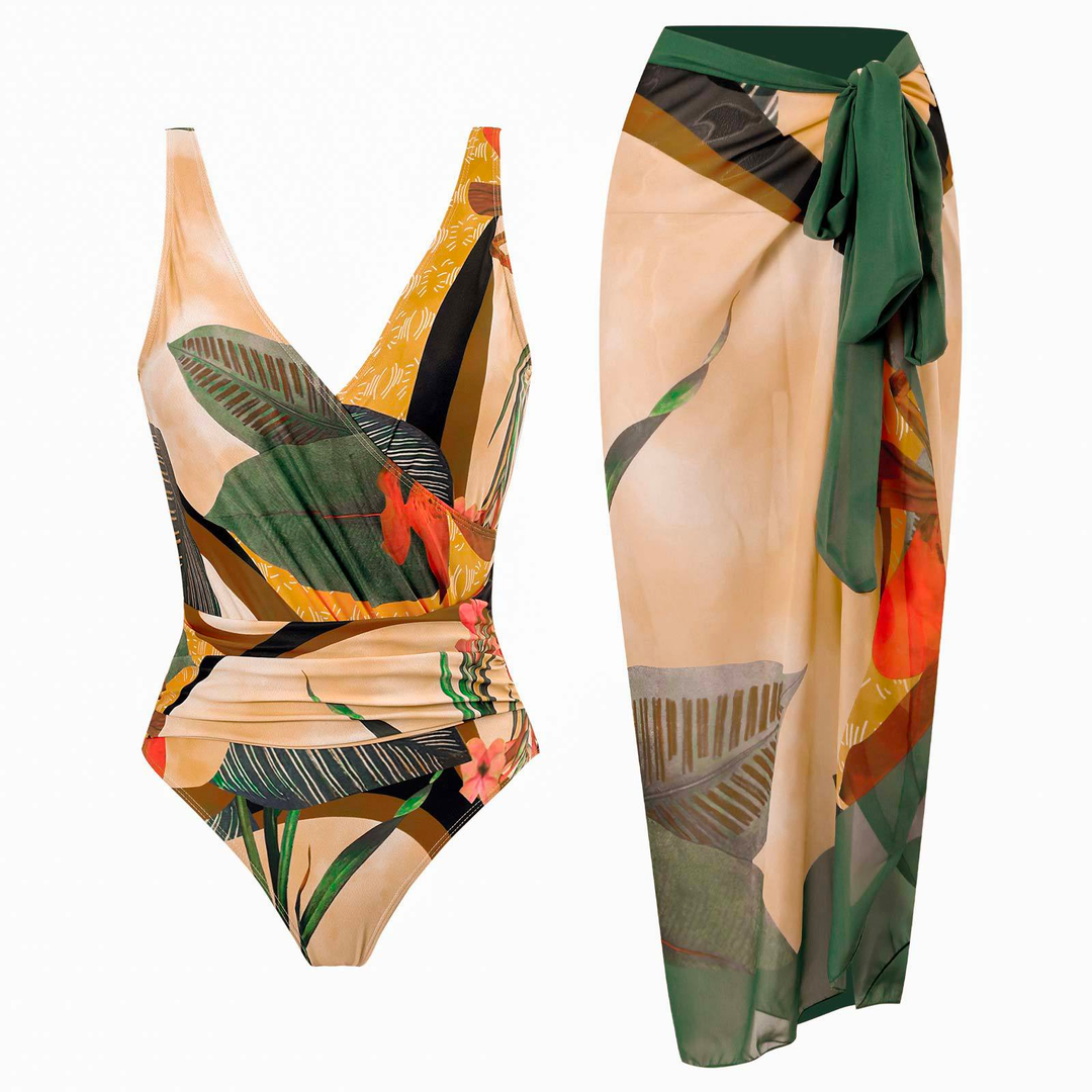 W&W Mode | Rosiedress Wickel V-Ausschnitt Raffung Einteiler Badeanzug und Wickel Cover-Up Rock Bedrucktes Set