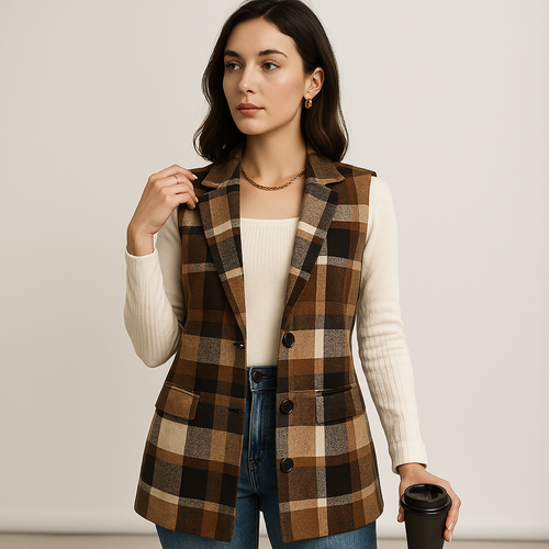 WW | Gilet Langkariert Ohne Ärmel Lässig Chic