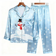 WW | Holiday Family Button-Up Himmelblau Satin Weihnachten Schlafanzug Set