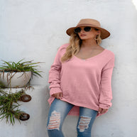Damen lässiger Strickpullover mit tiefem V-Ausschnitt und langen Ärmeln WW