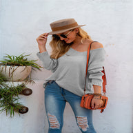 Damen lässiger Strickpullover mit tiefem V-Ausschnitt und langen Ärmeln WW