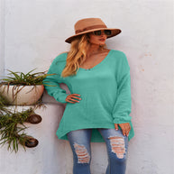 Damen lässiger Strickpullover mit tiefem V-Ausschnitt und langen Ärmeln WW