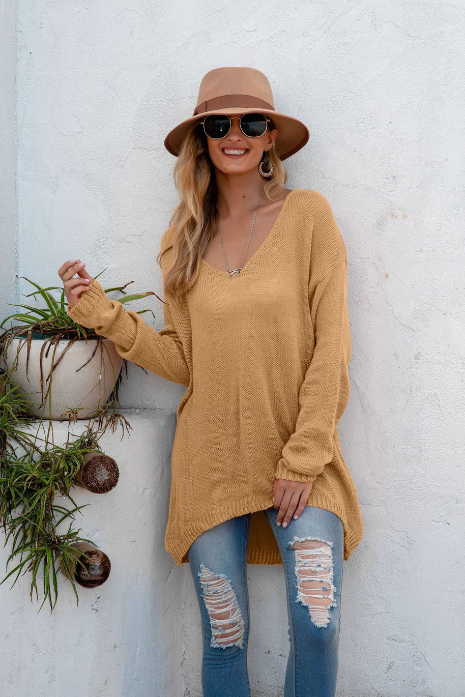 Damen lässiger Strickpullover mit tiefem V-Ausschnitt und langen Ärmeln WW