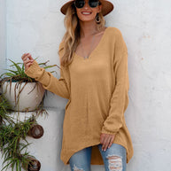 Damen lässiger Strickpullover mit tiefem V-Ausschnitt und langen Ärmeln WW
