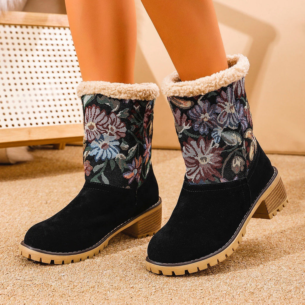 Wolff | Damen Stiefeletten - Winterstiefel mit Blumenmuster, warmem Futter und stabilem Absatz