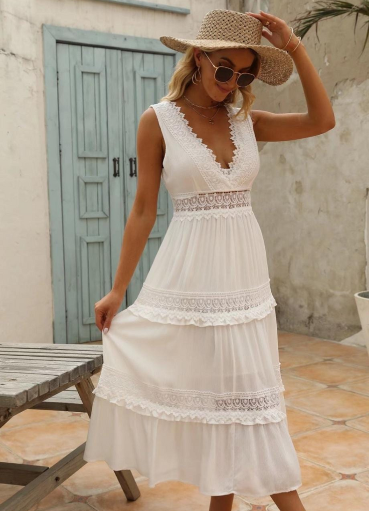 WW | Boho Lange Hochzeitskleid aus Spitze Midi
