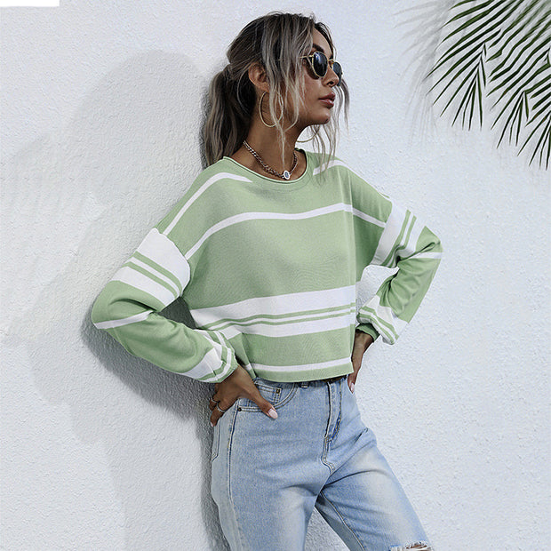 Damen gestreifter Sweatshirt mit weitem Schnitt und modernen Ärmeln WW