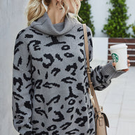 WW Lockere Leopardenmuster Umlegekragen Pullover