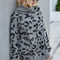 WW Lockere Leopardenmuster Umlegekragen Pullover