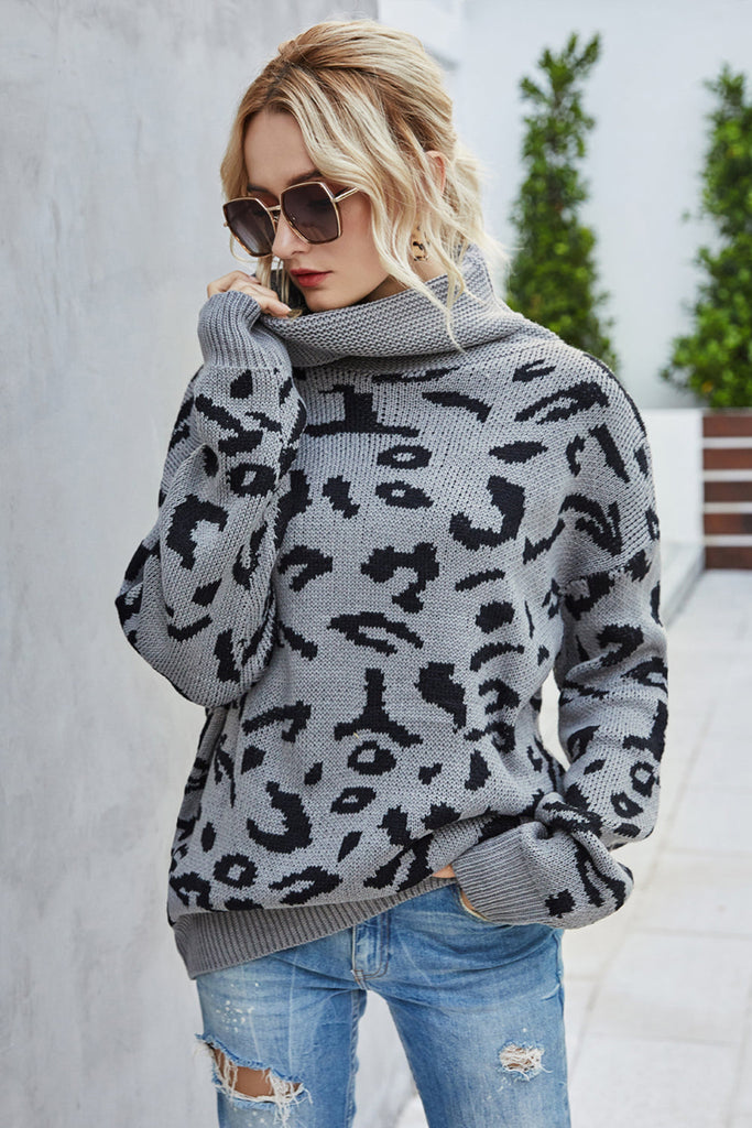 WW Lockere Leopardenmuster Umlegekragen Pullover