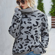 WW Lockere Leopardenmuster Umlegekragen Pullover