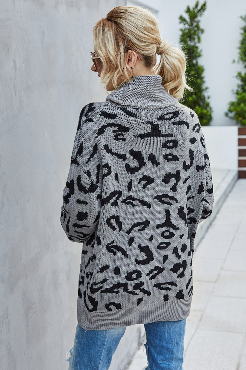 WW Lockere Leopardenmuster Umlegekragen Pullover