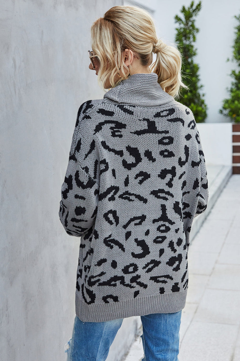 WW Lockere Leopardenmuster Umlegekragen Pullover