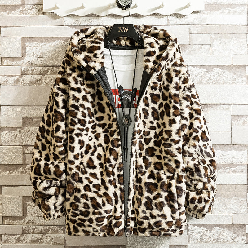 Damen kuschelige Fleecejacke mit Leopardenmuster und Kapuze WW