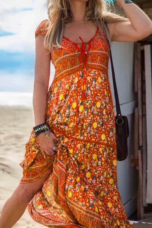 WW | Quasten V-Ausschnitt Bohemian Gedrucktes Maxi Strandkleid