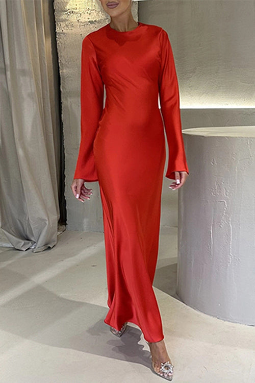 WW | Rosiedress Rundhals Lange Ärmel Satin Maxi Partykleid