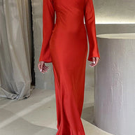 WW | Rosiedress Rundhals Lange Ärmel Satin Maxi Partykleid