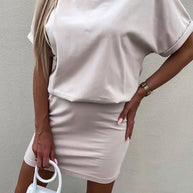 WW | Rosiedress Rundhals Kurzarm Tailliertes Uni Mini Kleid