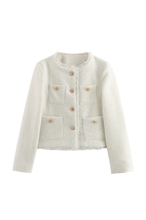 W&W Mode | Rosiedress Button Up Frayed Hem Kurze Tweedjacke