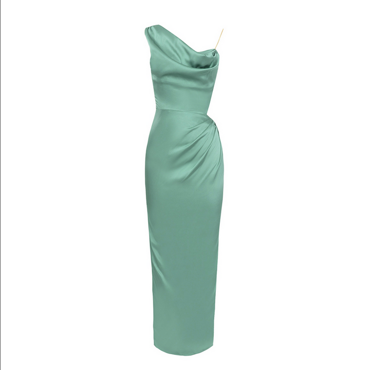 Asymmetrisches, figurbetontes Maxikleid mit hohem Schlitz | Grün