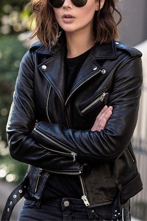 WW | Rosiedress Vintage Revers Reißverschluss Kunstleder Bikerjacke