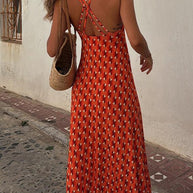 WW | Scoop Neck Rückenfreies Geometrisches Print Maxi Cami Kleid