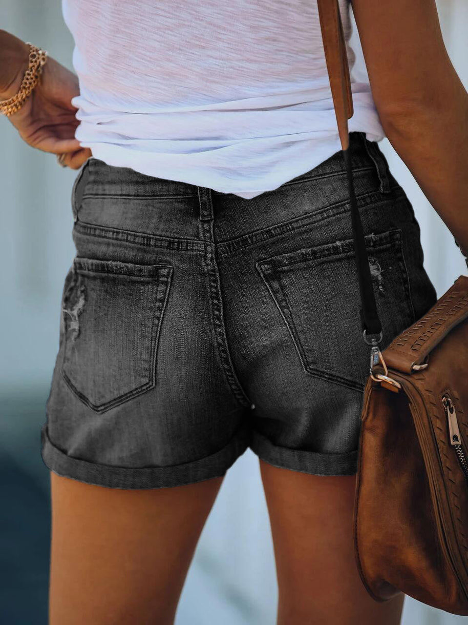 WW | Damen Denim Shorts Zerrissen Gerollt Stretch Hohe Taille Denim Shorts