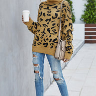 WW Lockere Leopardenmuster Umlegekragen Pullover