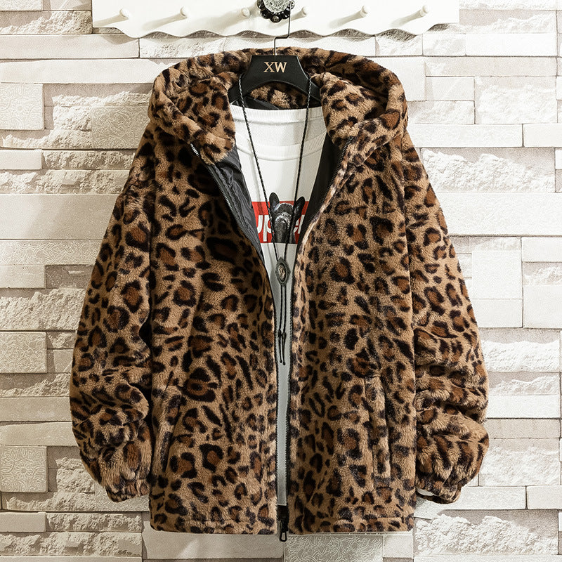 Damen kuschelige Fleecejacke mit Leopardenmuster und Kapuze WW