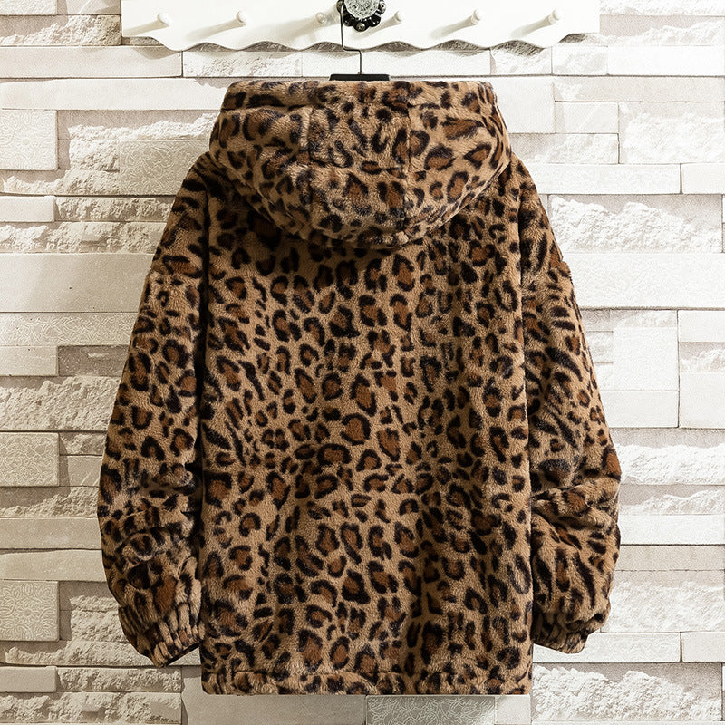 Damen kuschelige Fleecejacke mit Leopardenmuster und Kapuze WW