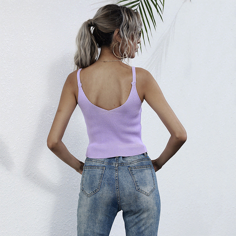 Damen lässiges Trägershirt mit durchgehender Knopfleiste und Rippenstruktur W&W Mode