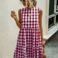 WW | Mode, Locker Geschnittenes Damenkleid mit Rundhalsausschnitt, Kariert Pastelmittelrock