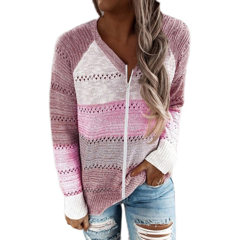 Damen Strickjacke mit Reißverschluss und lochmuster WW